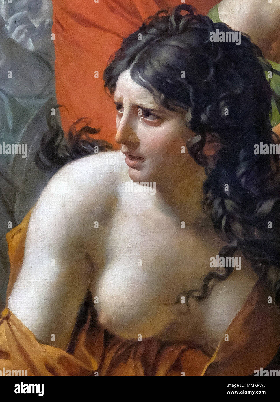 Inglese: l'intervento di Sabine Français : L'intervento des Sabini, détail Adélaïde Noyel de Bellegarde (1772 - Les marche (Savoie) † 7 janvier 1830 - Parigi, inhumée au cimetière du Père-Lachaise (11e divisione), dite " Adele de Bellegarde ", dame de Chénoise. Sur l'oeuvre de Jacques-Louis David, Les Sabini, elle se trouve à genoux à côté de Hersilie debout, les bras en croix. Fonte : Adélaïde Victoire Noyel de Bellegarde [archivio], dame de Chenoise, dite " Adele de Bellegarde " sur roglo.eu. Consulté le 6 août 2011. 1799. F0442 Louvre JL David Sabini INV3691 dettaglio02 rwk Foto Stock