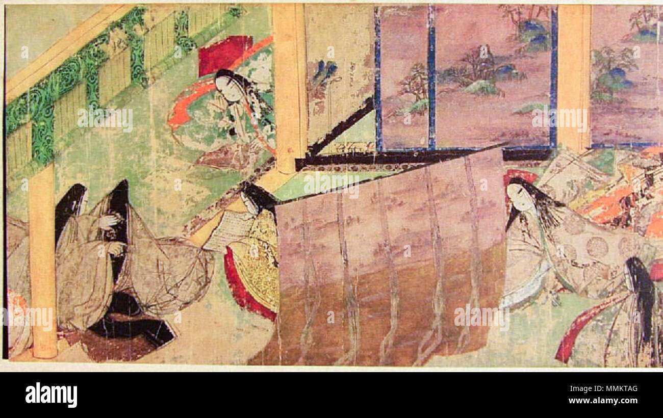 . Inglese: una scena (AZUMA YA: Ala Est) di scorrimento illustrato del racconto di Genji (scritto da MURASAKI SHIKIBU (XI sec.). Il multi-pannello tenda al centro della parte inferiore dell'immagine è un kich+?. Il decorato lo scorrimento dei pannelli della porta nella parte superiore dell'immagine sono fusuma. La chiocciola è stata fatta in ca. 1130 ACE e si trova nel museo di Tokugawa in Nagoya, Giappone. . Circa 1130 ACE. Corte Imperiale di Kyoto Genji emaki azumaya Foto Stock
