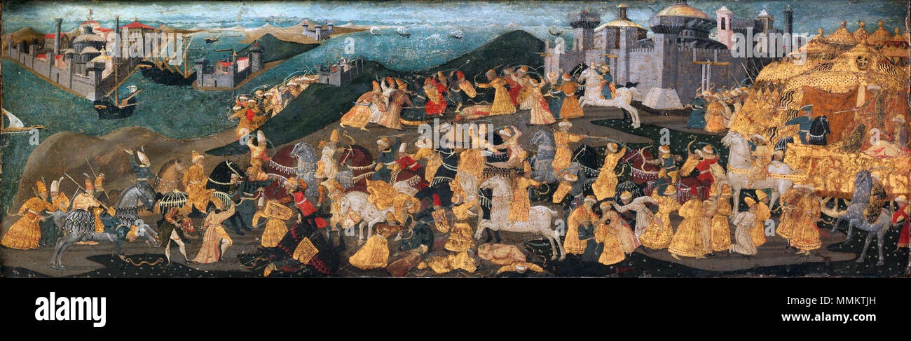 . Inglese: il pannello anteriore del cassone con la conquista di Trebisonda. Attribuito a Apollonio di Giovanni di Tomaso Cassone conquista di Trebisonda Apollonio di Giovanni di Tomaso Foto Stock