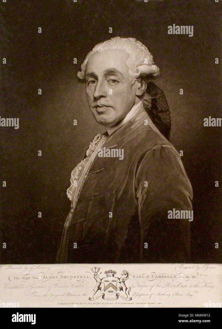. Inglese: James Brudenell, 5° Conte di Cardigan (1715-1811) e pubblicato da Giuseppe Grozer, dopo George Romney, mezzatinta, pubblicato il 29 Settembre 1792 5thEarlOfCardigan Foto Stock