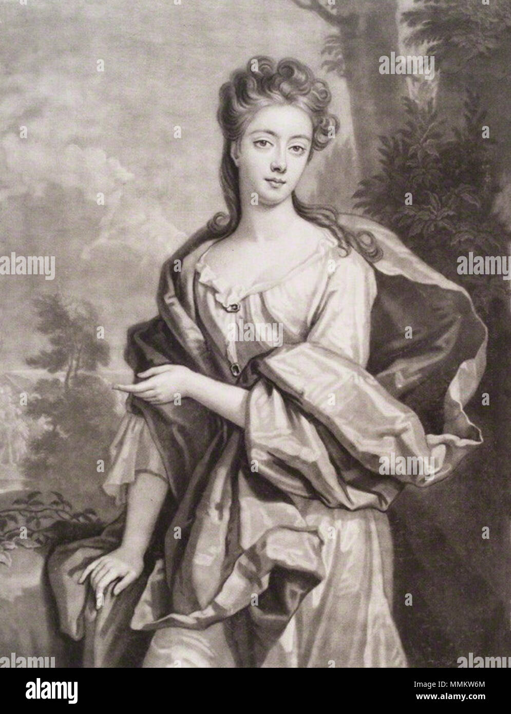 . Inglese: Diana Beauclerk (née de Vere), duchessa di St Albans (morto nel 1742), moglie di Charles Beauclerk, primo duca di St Albans. da e pubblicato da John Smith, dopo Sir Godfrey Kneller, Bt, mezzatinta, 1694 Diana de Vere Foto Stock