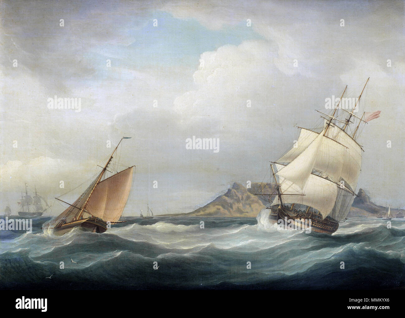 . Inglese: la seconda illustre per servire nella Royal Navy olio su tela 47 x 63 cm circa 1811 Seconda illustre per servire nella Royal Navy *olio su tela *47 x 63 cm *circa 1811 HMS illustre voce fuori di Table Bay in condizioni instabili e una brezza leggera, da Thomas Whitcombe (British, 1760-1824) Foto Stock