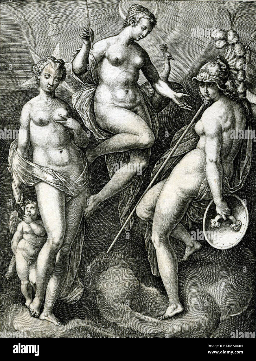 Venere, Giunone e Minerva. circa 1587. Adriaen Collaert dopo Jan van der Straet - Venere, Giunone e Minerva (1587) Foto Stock