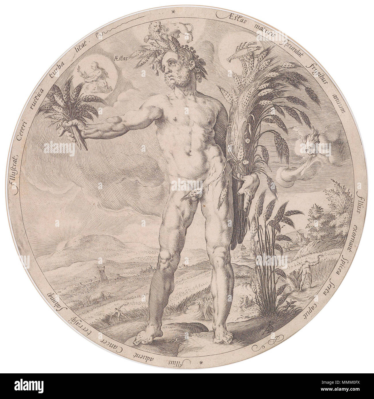 . Die Vier Jahreszeiten: Sommer, in der Platte monogrammiert APD, Durchmesser ca. 25 cm . Xvi o xvii secolo (?). "APD" Dopo Hendrik Goltzius (1558-1617) nomi alternativi Hendrick Goltius, Hendrick Goltz, Hendrick Golzius, Hendrick van Bracht, Hendricus Goltzius, Henricus Goltzius, Hendrick Gols, Hendrik Gols, Hendrik Goltz, Hendrik Goltius, Henrik Golzius Descrizione incisore olandese, pittore, disegnatore e publisher Data di nascita e morte Febbraio 1558 1 gennaio 1617 Luogo di nascita e morte Bracht, Brüggen Haarlem periodo di lavoro 1577-1617 posizione Lavoro Duisburg (1561) di Haarlem (1 Foto Stock