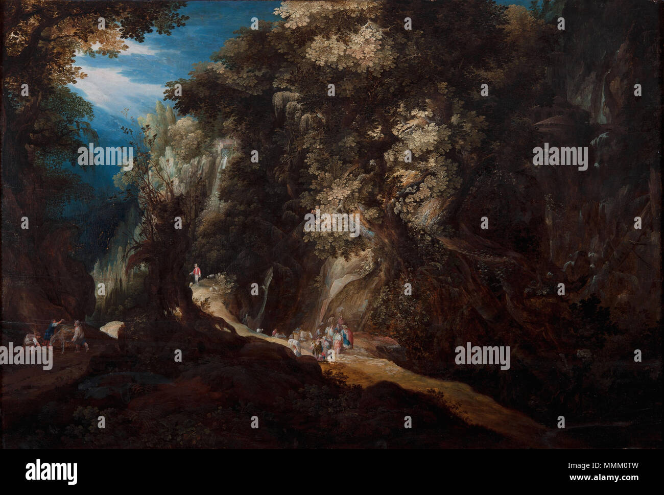 Boscoso paesaggio di montagna con cascata e viaggiatori boscoso paesaggio di montagna con cascata e viaggiatori. Prima metà del XVII secolo. Gijsbrecht Leytens, boscoso paesaggio di montagna con cascata e viaggiatori, prima metà del XVII secolo. Olio su pannello Foto Stock