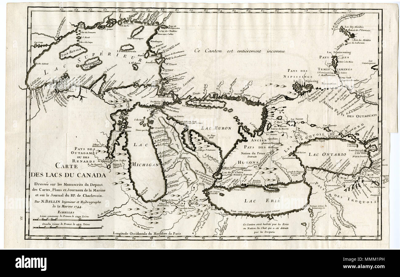 . Deutsch: Karte der Großen visto. Beinhaltet auch die Phantominseln Phélipeaux und Pontchartrain. Inglese: Mappa della regione dei Grandi Laghi. Mostra anche le isole fantasma Phélipeaux e Pontchartrain. Français : Carte des Lacs du Canada. . 26 febbraio 2013, 06:51:23. Jacques-Nicolas Bellin (1703-1772) nomi alternativi Jacques Nicolas Sieur Bellin; Jacques Nicolas Bellin; Nicolas Bellin Descrizione cartografo francese, Encyclopédistes, geografo e idrografo Data di nascita e morte 1703 21 marzo 1772 Luogo di nascita e morte di Parigi Versailles controllo autorità : Q607846 VIAF:?ISNI 99885687:?00 Foto Stock