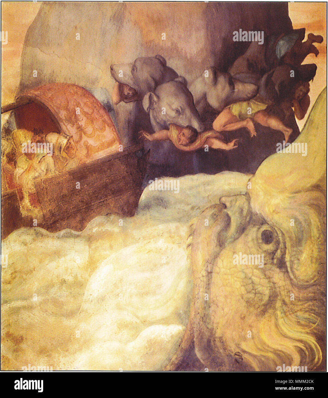 . Inglese: la pittura di Ulisse della barca passando tra le sei punte Scylia monster e la vasca idromassaggio Cariddi. Scilla ha strappato cinque di Odysseus's uomini dalla barca. Il dipinto è un affresco italiano. . Circa 1575. Alessandro Allori (1535-1607) nomi alternativi Alessandro di Christofano di Lorenzo Allori; Il Bronzino (II); Alessandro del Bronzino; Alessandro Bronzino Allori Descrizione pittore italiano, affresco pittore, disegnatore e scrittore Data di nascita e morte 3 Maggio 1535 22 Settembre 1607 Luogo di nascita e morte Firenze Firenze sede di lavoro Firenze (1552-1554), Roma (1554-1 Foto Stock