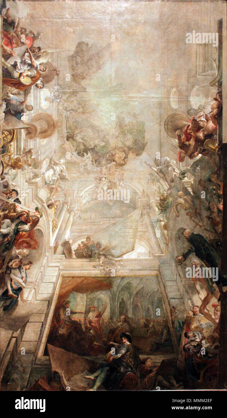 Inglese: Il Trionfo delle Arti e delle Scienze, soffitto Design. Olio su carta montata su tela. L'olio sketch è un progetto per la galleria di immagini della Residenza di Würzburg che non è stato eseguito. I rappresentanti dei sette Arti Liberali sono disposte attorno a due piani hall. L'arte può essere visto in una posizione di spicco sul bordo inferiore. Deutsch: Der Triumph der Künste und Wissenschaften, Deckenentwurf. Die Ölskizze ist ein nicht ausgeführter Entwurf für die Gemäldegalerie der Würzburger Residenz. In einer zweigeschossigen Halle sind die Vertreter der sieben Freien Künste verteilt. Un prominente Foto Stock