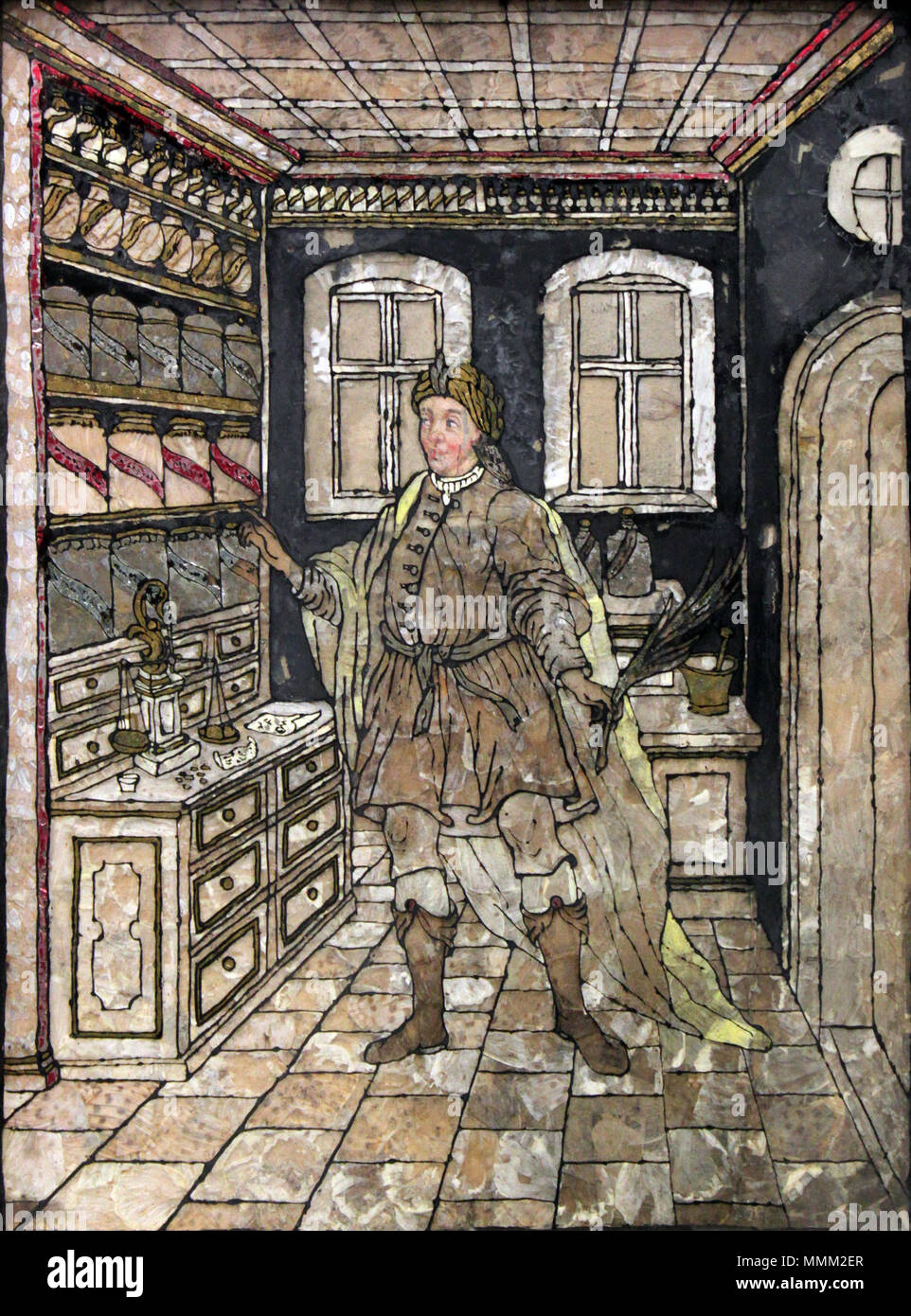 Inglese: il farmacista in antico costume nel suo ufficio; la pittura su gelatina, underlaid da Butterfly Wings Deutsch: Apotheker in antikisierender Tracht in einer Offizin; Malerei auf gelatina, mit Schmetterlingsflügeln unterlegt . 1730. 1730 Apotheker in antikisierender Tracht anagoria Foto Stock