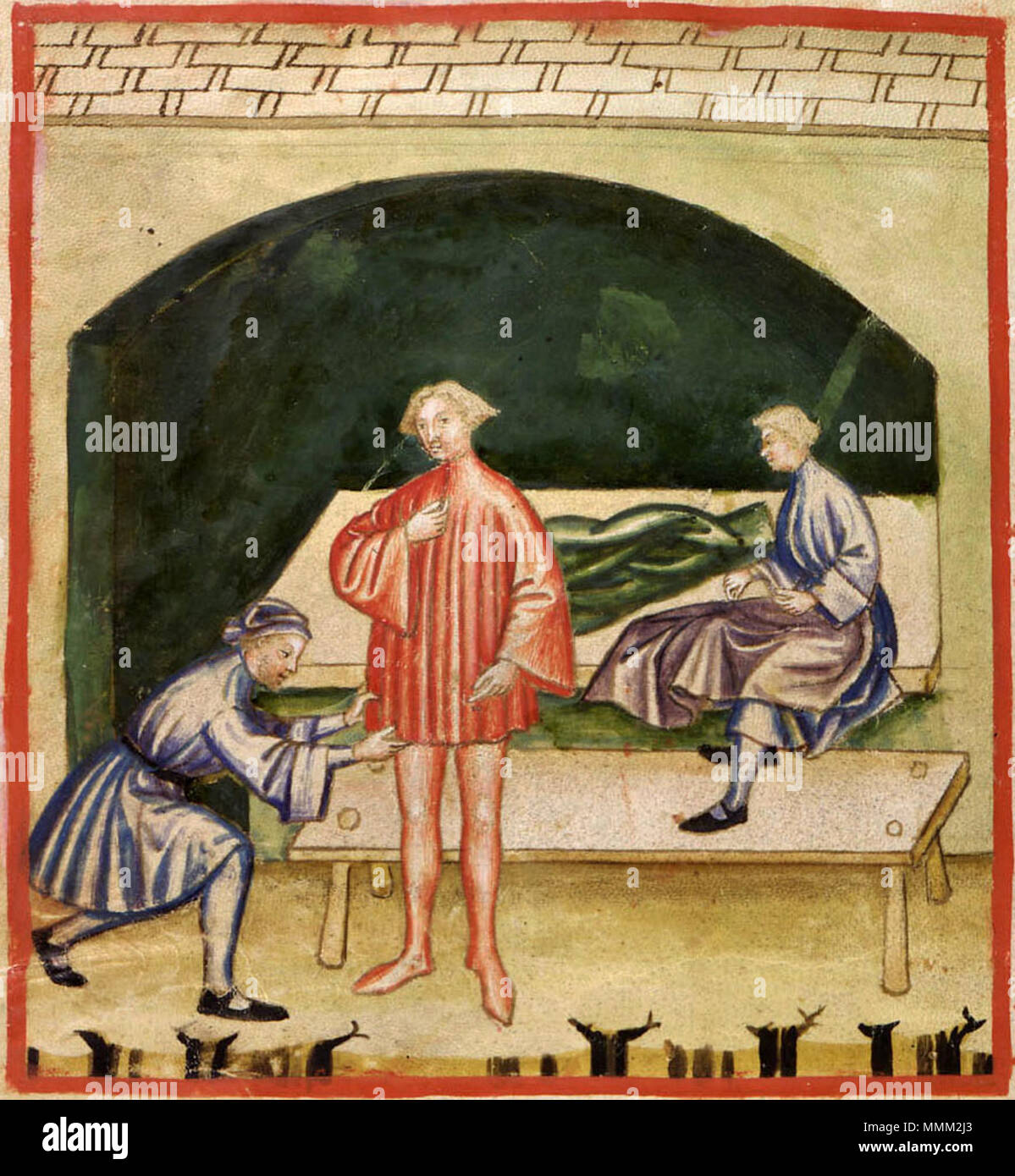 . Tacuinum Sanitatis (XIV secolo) inglese: gli aspetti della vita quotidiana: Lana abbigliamento italiano: Aspetti di vita quotidiana: abbigliamento lana . Xiv secolo. sconosciuto master 57-aspetti di vita quotidiana, abbigliamento lana,taccuino astrologici Foto Stock