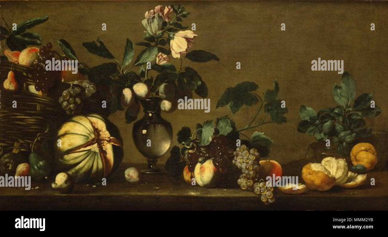 Ancora in vita con un cesto di frutta, un vaso di fiori e frutta su un  tavolo. Tra il 1610 e il 1644. Bernardo Strozzi Nature morte avec une  corbeille de fruits,
