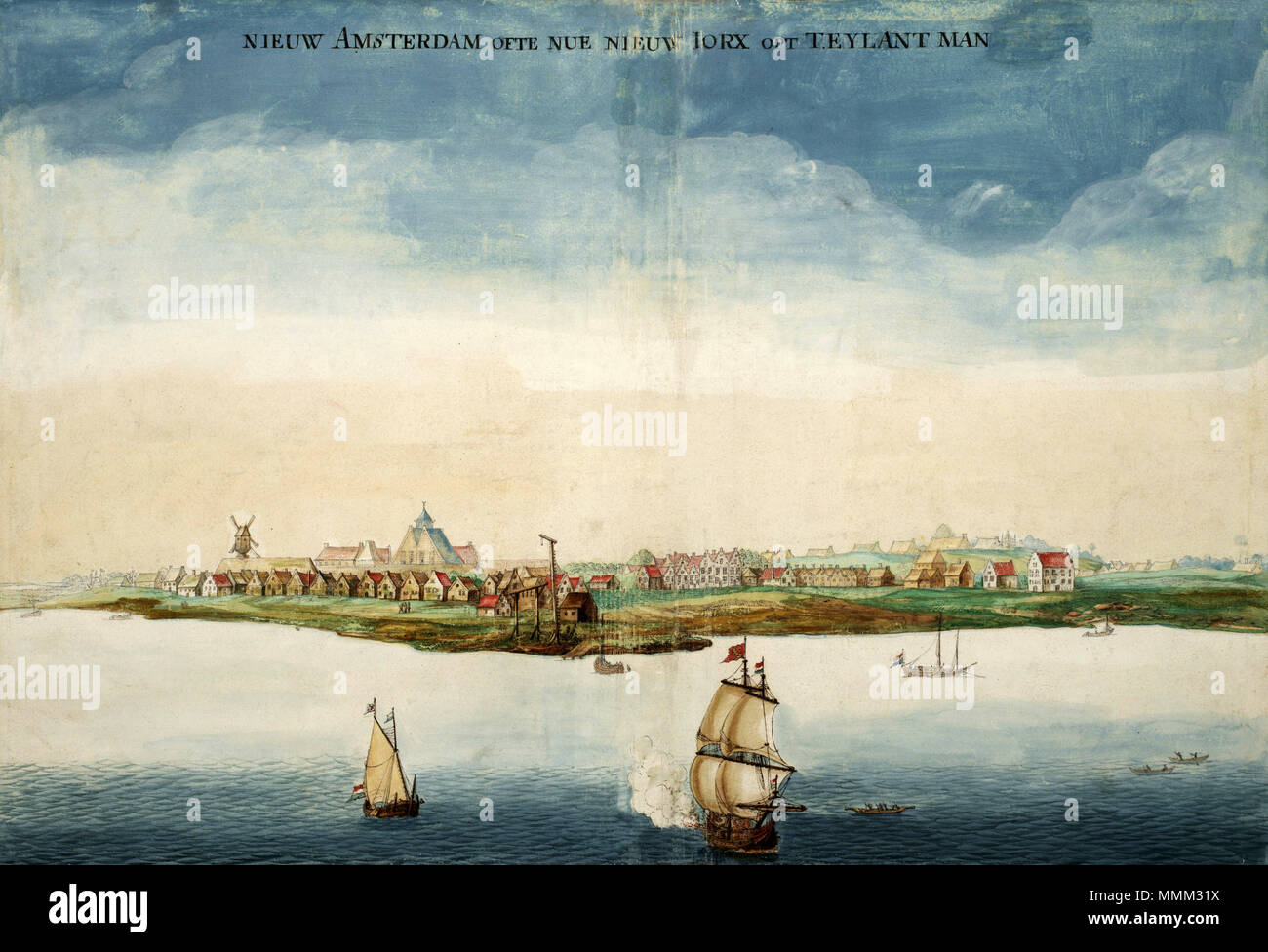 . Inglese: Gezicht op Nieuw Amsterdam da Johannes Vingboons (1664), una delle prime foto di Nieuw Amsterdam realizzati nell'anno in cui fu conquistata dagli inglesi sotto Richard Nicolls. Français : Gezicht op Nieuw Amsterdam par Johannes Vingboons (1664), une représentation de la Nouvelle-Amsterdam dressée en 1664, année de la conquête anglaise menée par le colonel Richard Nicolls. . 1664. Johannes Vingboons (1616-1670) nomi alternativi Jan Vinckeboons Joan Vinckeboons Johannes Vinckeboons Joan Vingboom Jan Vingboons Joan Vingboons Descrizione olandese cartografo e pittore Data di nascita/d Foto Stock