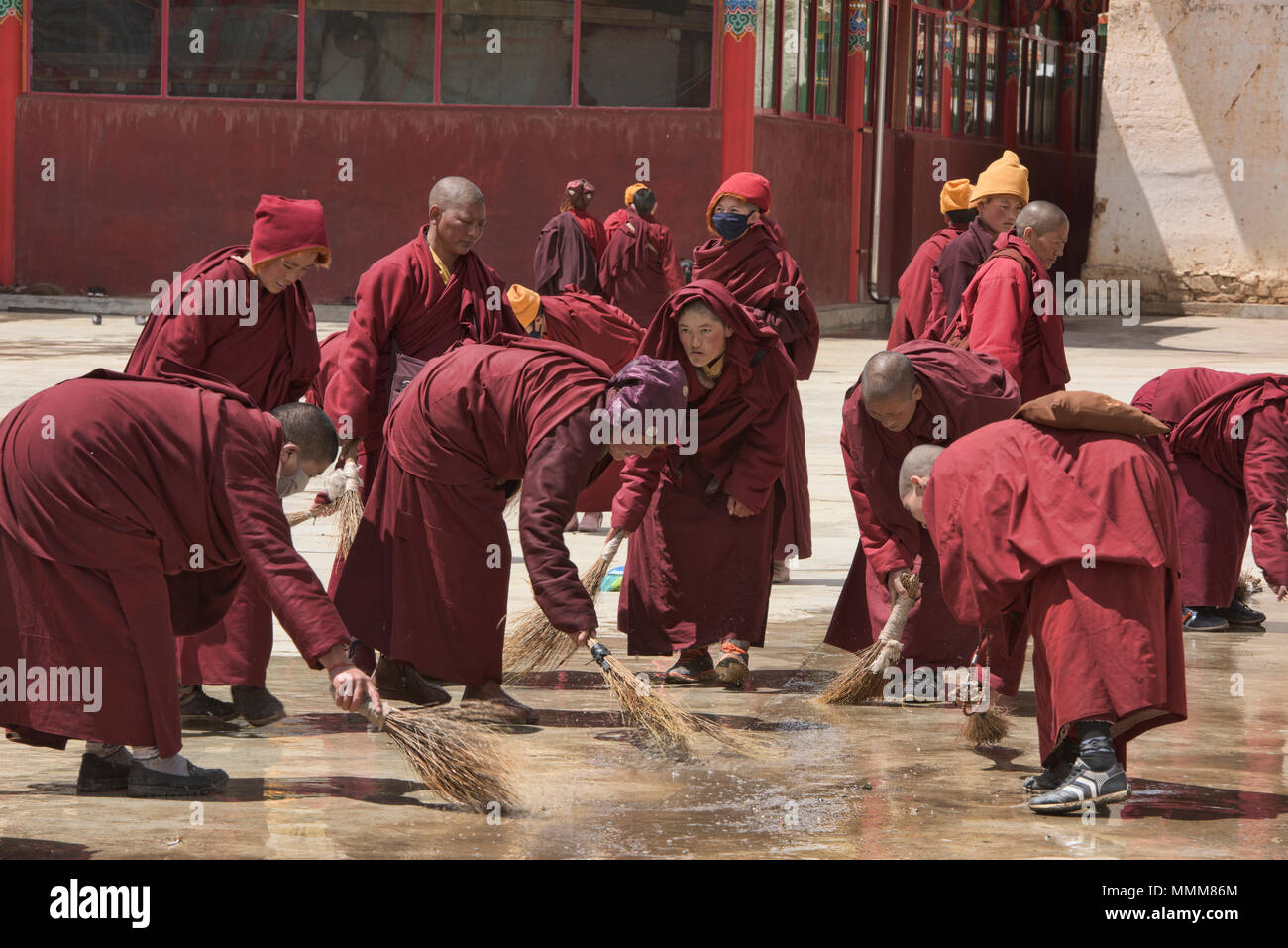 Il Tibetano monache spazzamento, Yarchen Gar, Sichuan, in Cina Foto Stock