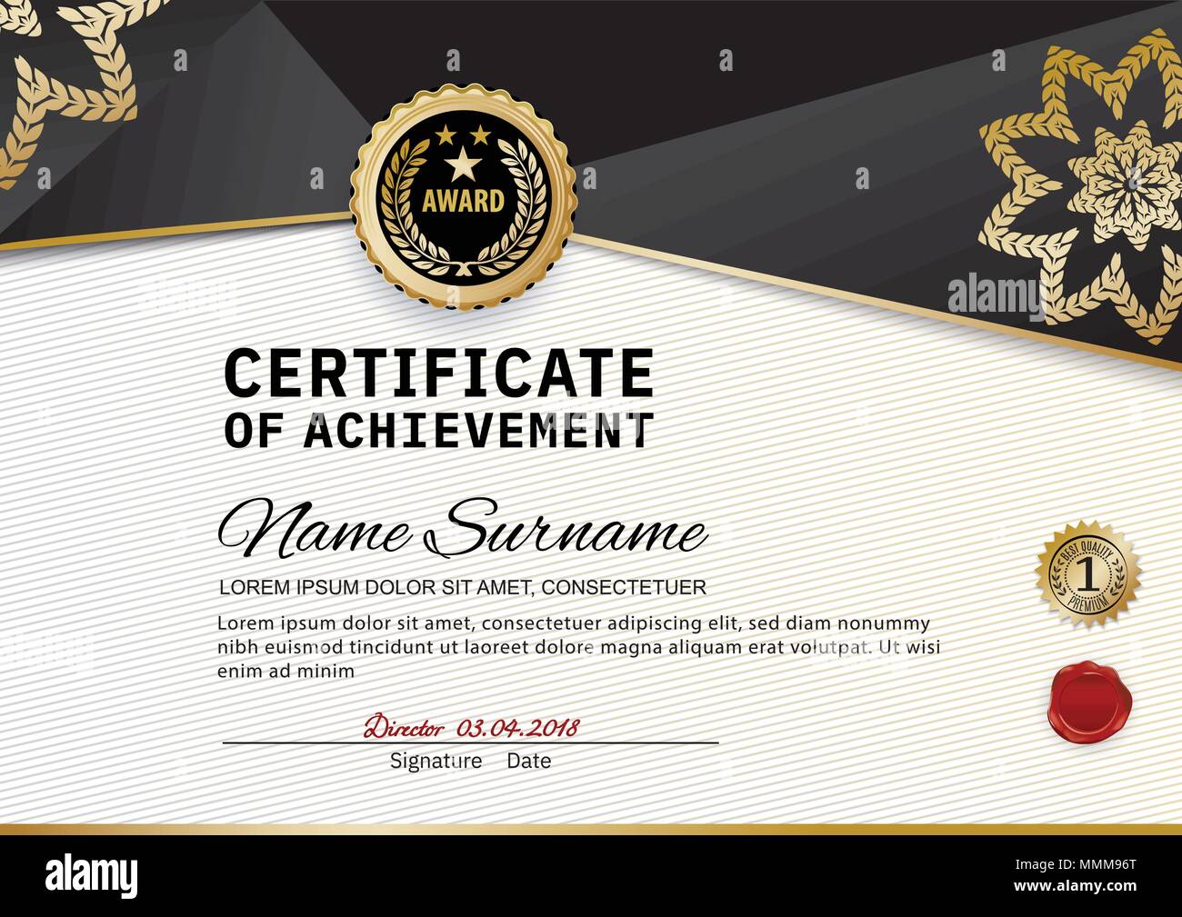 Lusso creativo Certificato di apprezzamento award modello con nero e golden forme e badge, fetta Illustrazione Vettoriale