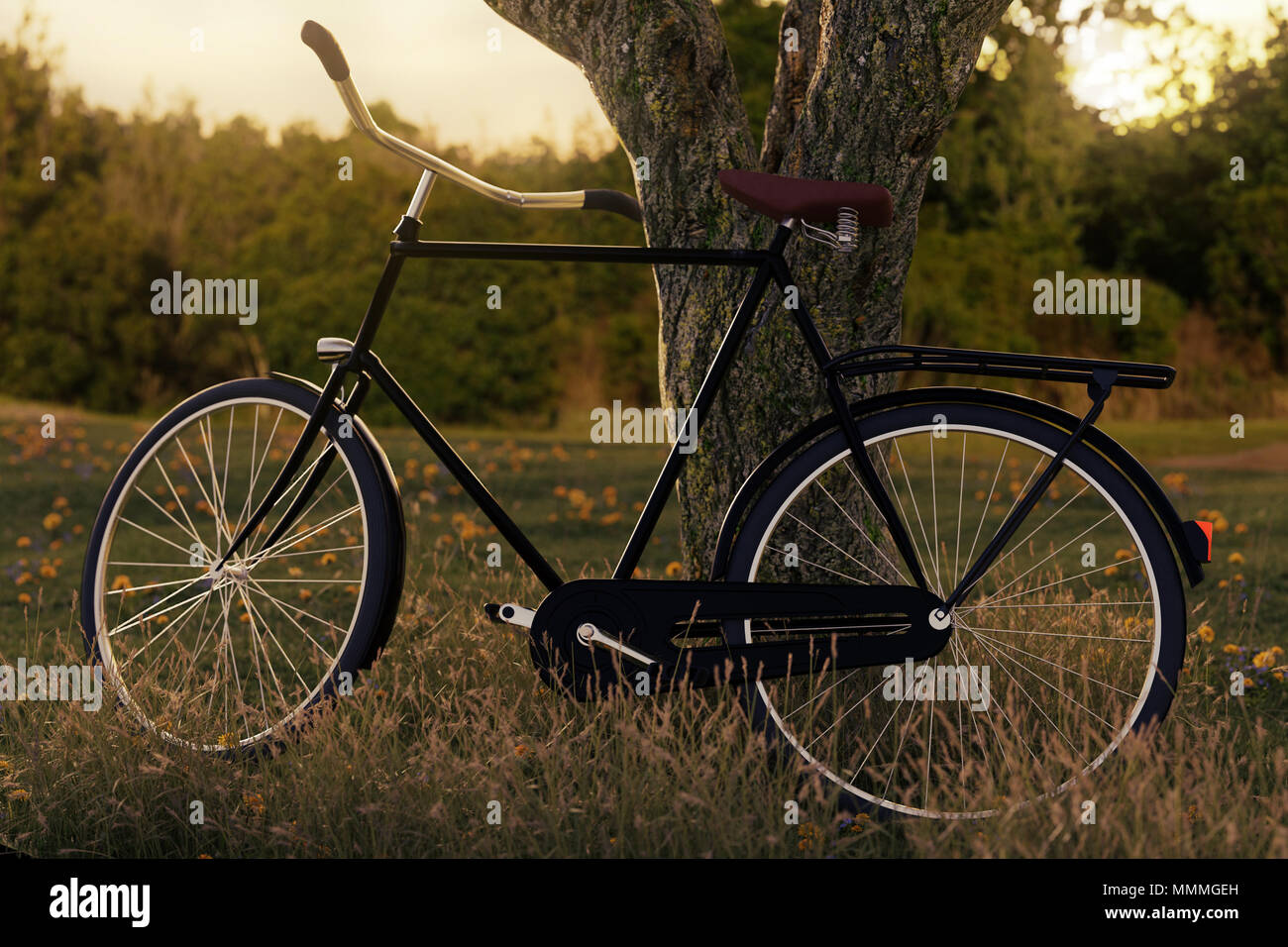 3D rendering di appoggiò bicicletta nero a tree nel prato di gras paesaggio di sera la luce solare Foto Stock