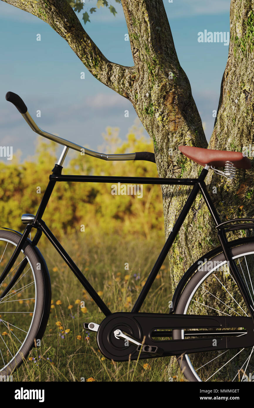 3D rendering di appoggiò bicicletta nero a tree nel prato di gras paesaggio Foto Stock