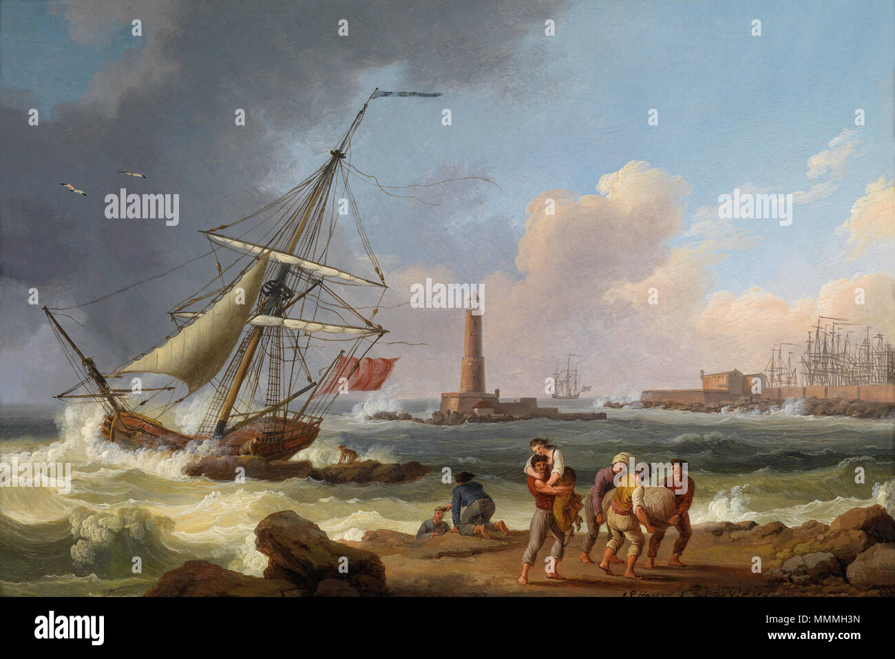 Jakob Philipp Hackert - Der Hafen von Livorno mit der Rettung Schiffbrüchiger Foto Stock