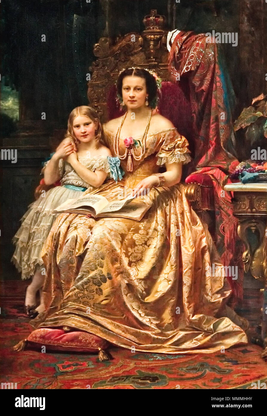 . Inglese: Marie di Hannover e sua figlia Maria nel Castello di Marienburg (Hannover). Deutsch: Die Königin Marie und ihre Tochter Maria im Schloss Marienburg. . Circa 1866. Qeen Marie di Hannover e sua figlia Maria da Wilhelm von Kaulbach Foto Stock