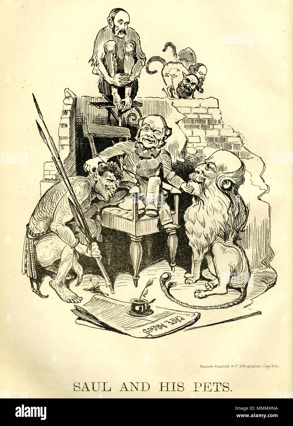. Inglese: reazionari e razzisti pro-imperialista cartoon dal Capo Lanterna. Attaccare il leader liberale Saul Salomone come essendo il manipolatore dei principali anti-imperialista leader dell'Africa australe. Il raffigurati animali domestici sono Zulu re Cetshwayo, il Beaufort lion John Molteno e la scimmia Giovanni X Merriman in background. . 22 ottobre 2013, 19:40:02. WH Schroder. 1879. 2 Saul Salomone e i suoi animali domestici - Salomone con Cetshwayo Merriman e Molteno - Feb 1879 Foto Stock