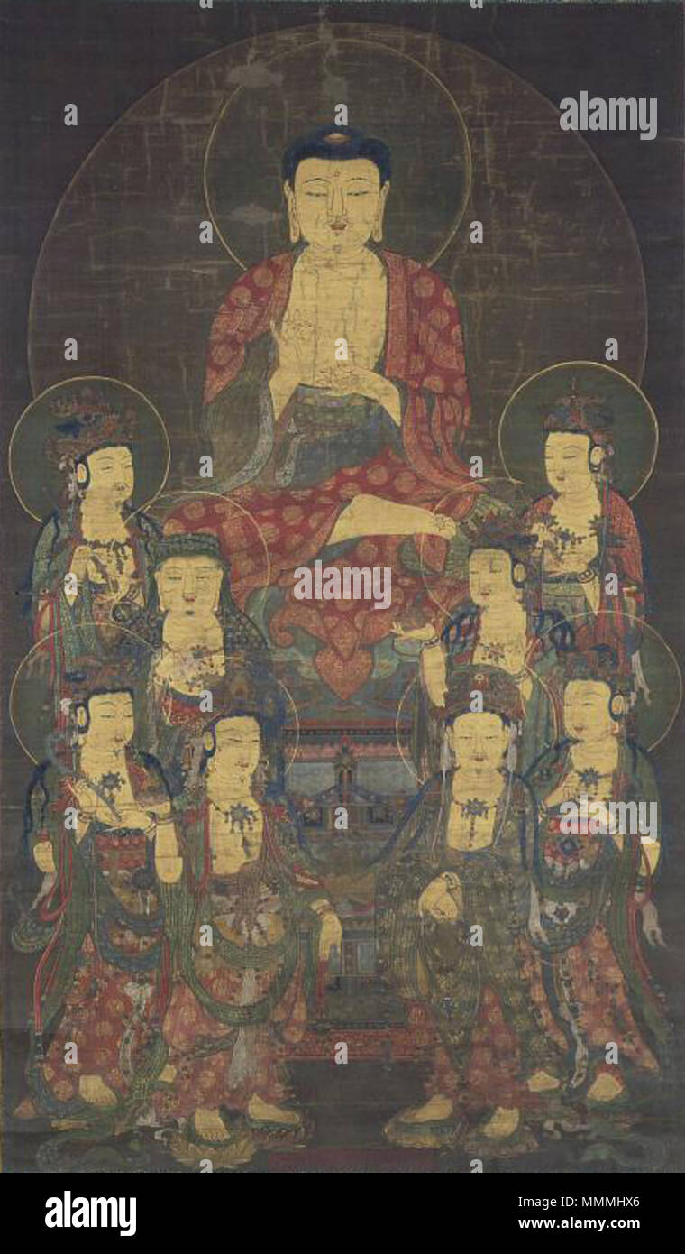 . Inglese: il Buddha Amitabha con gli otto grandi bodhisattvas, il Museo di Arte Asiatica di San Francisco 日本語: 阿弥陀八大菩薩像 . Dinastia Goryeo (918-1392); fine C14. Artista Goryeo-Dynasty Amitabha con otto grandi Bodhisattvas (il Museo di Arte Asiatica di San Francisco) Foto Stock
