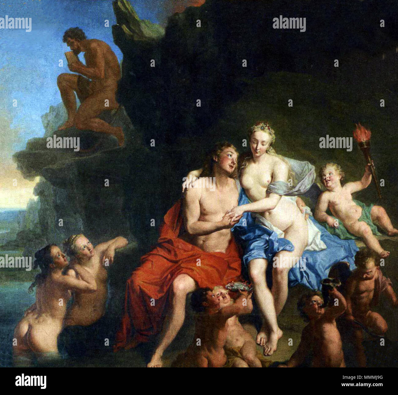 . Deutsch: Acis und Galatea. Öl auf Leinwand, 283 x 315 cm. Neues Palais, Unteres Fürstenquartier, Konzertzimmer, Stiftung Preußische Schlösser und Gärten, GK I 5057. Restaurierung des Konzertzimmers gefördert durch die Ostdeutsche Sparkassenstiftung gemeinsam mit der Mittelbrandenburgischen Sparkasse und dem World Monuments Fund Robert W. Wilson sfida per preservare il nostro patrimonio . circa 1730. illustrazione: Jacob van Schuppen (1670-1751) Descrizione pittore austriaco Data di nascita e morte 26 Gennaio 1670 29 gennaio 1751 Luogo di nascita e morte di Vienna di Fontainebleau sede di lavoro Francia, Antille Foto Stock