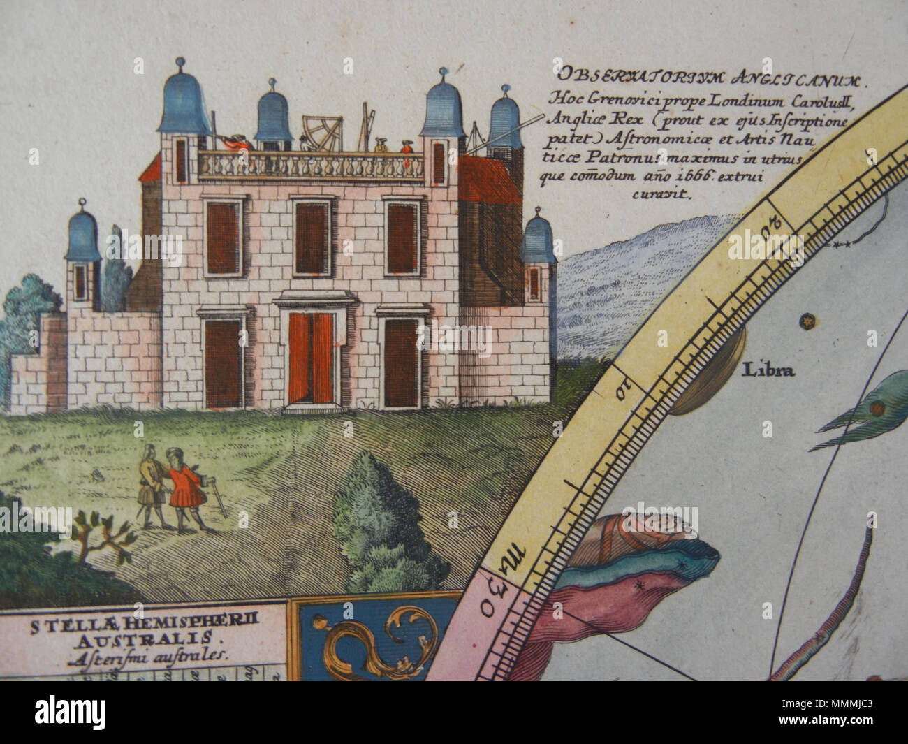 . Inglese: Vignette di osservatorio di Greenwich entro la Doppelmayr emisfero celeste australe mappa, 'Hemisphaerium Coeli Australe in quo Fixarum loca secundum Eclipticae ductum ad anum 1730 . ." . 1730 (data indicata sulla mappa stessa). Johan Gabriel Doppelmayr (1677-1750) nomi alternativi Johan Gabriel Doppelmayr; Johann Gabriel Doppelmayer; Johann Gabriel Doppelmair Descrizione matematico tedesco, astronomo e cartografo Data di nascita e morte 27 Settembre 1677 1 dicembre 1750 Luogo di nascita e morte Norimberga Norimberga posizione di lavoro autorità di Norimberga controllo : Q85153 VIAF:?891 Foto Stock