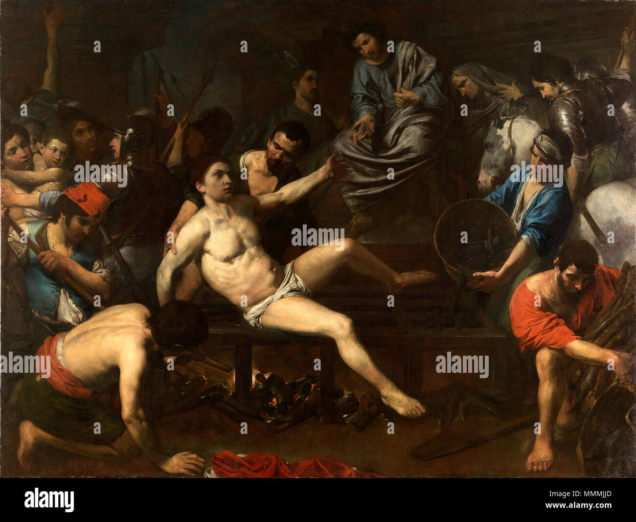 . Escena que muestra al santo en el momento de su martirio, siendo asado en n.a. parrilla por orden del Emperador romano Valeriano (siglo III d. C.). Desde el Siglo IV San Lorenzo ha sido uno de los mártires más venerados de la Iglesia Católica, y las leyendas númerosas sobre su vida y su muerte han dado lugar un confusión sobre la verdad de la historia en la que se mezclan la tradición oral y las posteriores fuentes escritas. A pesar de ello, se afirma con certeza su condición de diácono del Papa Sixto II y su condena a muerte por proteger los Bienes y archivos de la Iglesia. Valentin presenta Foto Stock