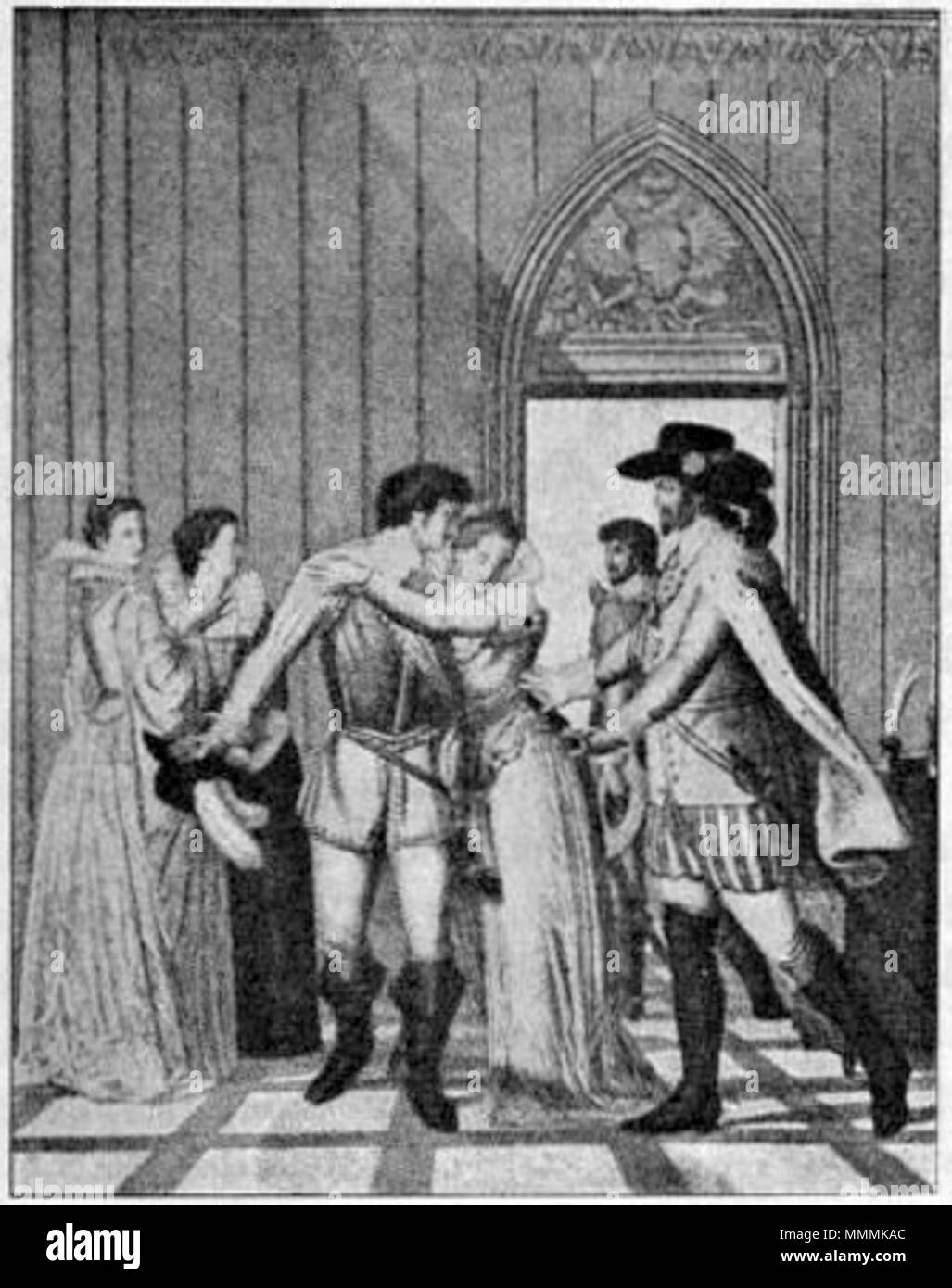 . Inglese: Costume foto dalla prima esecuzione di "Wallenstein" presso il teatro di corte di Weimar Svenska: Kostymbild från "Wallensteins" första framförande på hovteatern ho Weimar . circa 1798. Nils Personne (testo), Sconosciuto (immagine) 173-Kostymbild Wallenstein Foto Stock