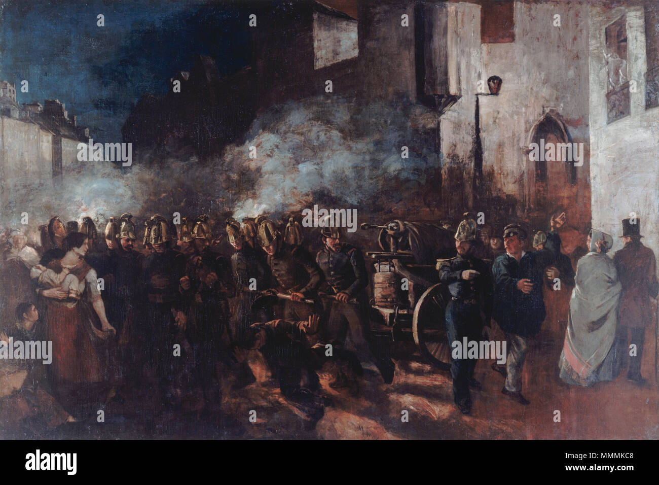 I vigili del fuoco in esecuzione di un tripudio, da Gustave Courbet vigili del fuoco acceso un fuoco. Tra il 1850 e il 1851. Gustave Courbet - Vigili del fuoco acceso un fuoco - WGA05459 Foto Stock