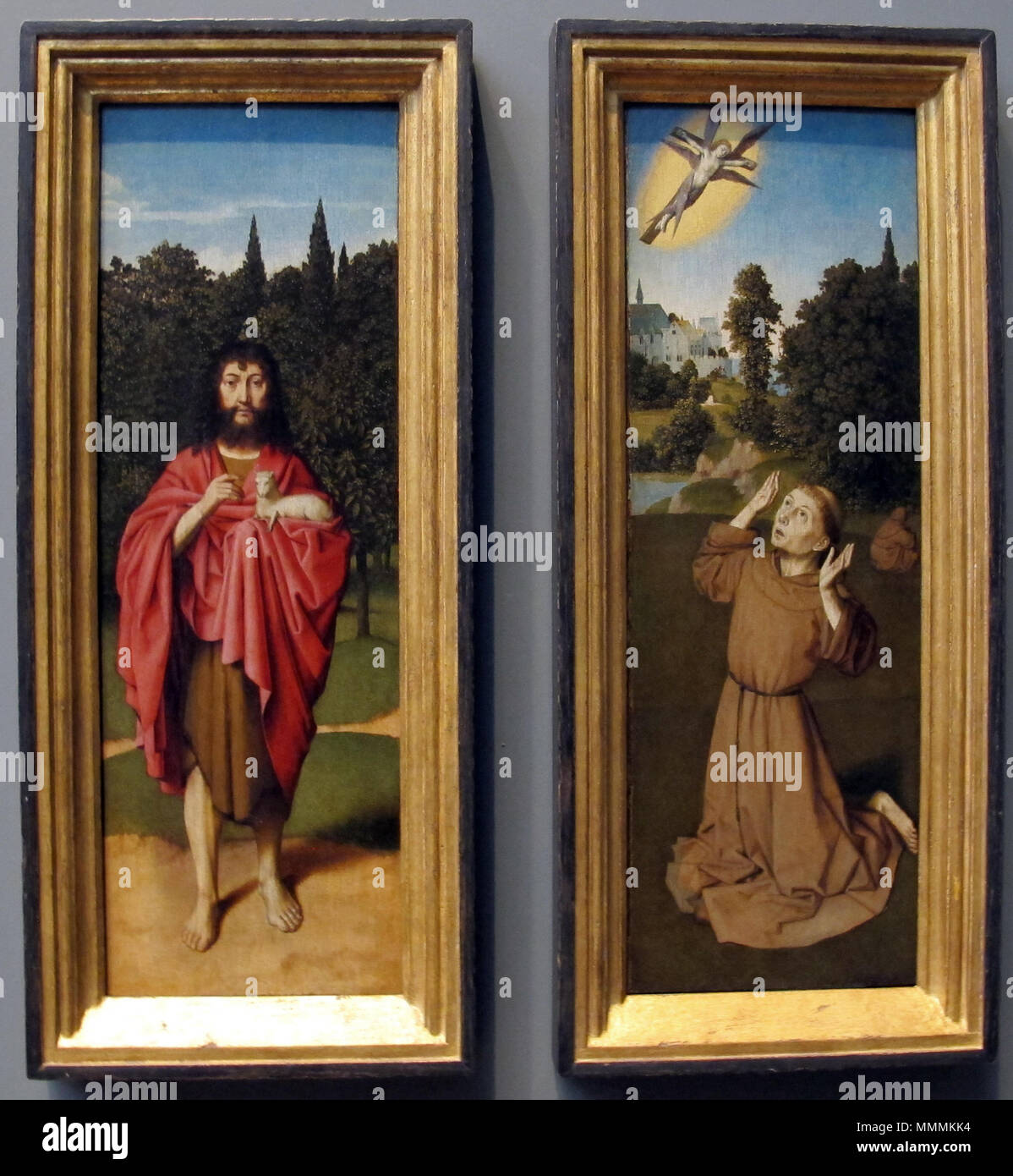 . Inglese: dipinti fiamminghi del Metropolitan Museum of Art di San Giovanni Battista e San Francesco che riceve le stimmate. Tra il 1485 e il 1490. Sailko Gerard David, santi Giovanni Battista e Francesco ricevente le stimmate, 1485-90 ca. Foto Stock