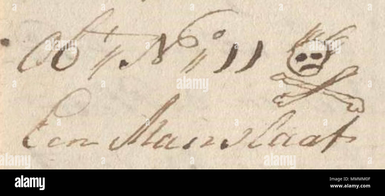 . Nederlands: In de kantlijn van het scheepsjournaal staat genoteerd dat die dag een manslaaf overleed Nederlands: Doodshoofd in de kantlijn van het scheepsjournaal . Il 15 novembre 1779. Unknown Archief MCC - Doodshoofd in de kantlijn van het Journaal - NL-MdbZA 20 858 0036 Foto Stock