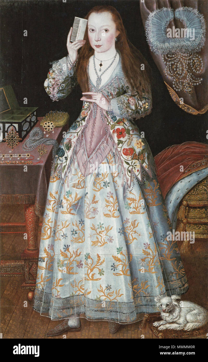 . Inglese: Ritratto di Elizabeth Wriothesley née Vernon, contessa di Southampton, in her private boudoir, indossa una camicia ricamata o corpetto su una rosa corsetto o semplice corpino e decorate petticoat, pettinando i capelli con un cane ai suoi piedi. Ritratto di Elisabetta Vernon, contessa di Southampton. circa 1600. Elizabeth Vernon big Foto Stock