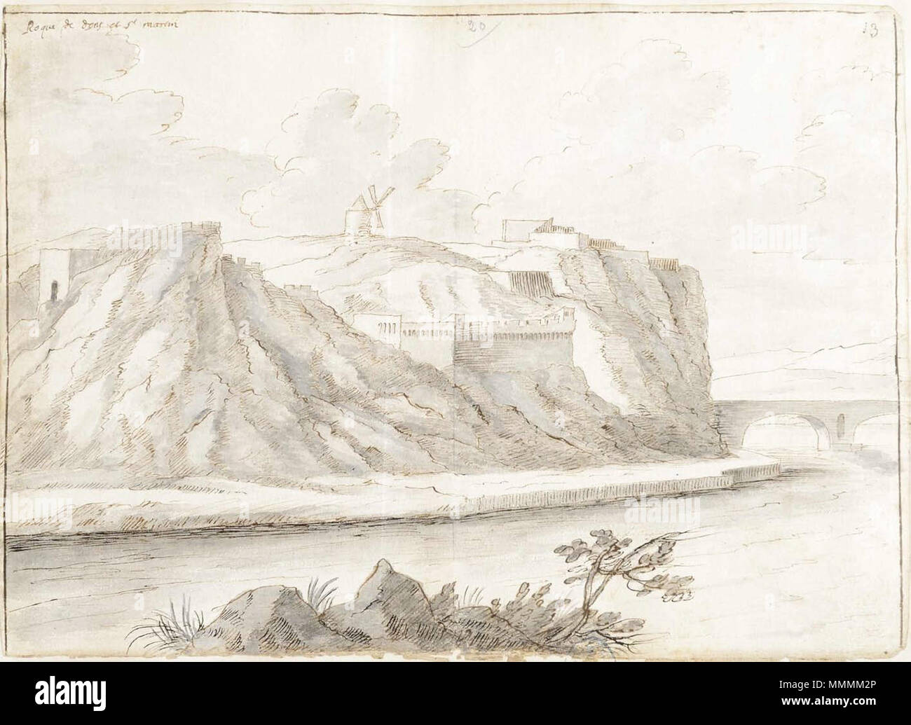 . Inglese: Rocher des Doms e il forte Saint-Martin ad Avignone nel dipartimento di Vaucluse, Francia meridionale. Il disegno include la fine del Ponte Saint-Bénézet. Roque de Dom et St Martin. Non datato. Seconda metà del XVII secolo.. Album sconosciuto Laincel 20 Rocher des Doms et St Martin Foto Stock