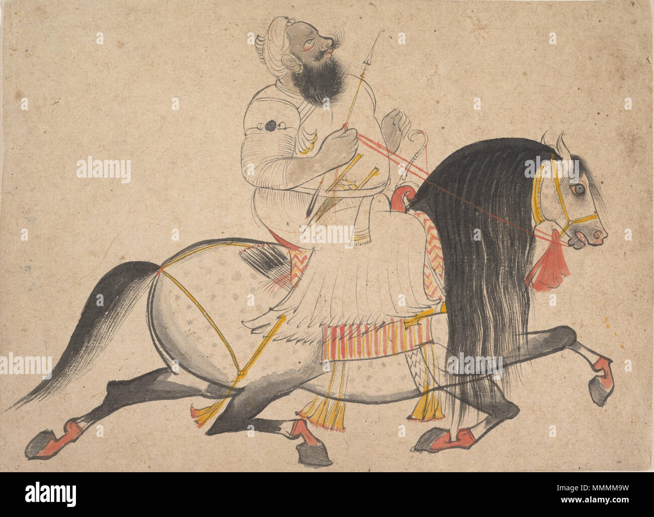 . Inglese: Rajput dipinti sono spesso-gioiello nei loro dettagli e lavorato fine. Un disegno come questo mostra come Swift, espressivo e variato il Rajput artista della linea potrebbe essere, se nel suggerire il rigonfiamento di un avambraccio muscolare, tesa la pancia di un cavallo o le setole ispido di Rajput baffi. Ritratti equestri erano una comune, formale, e spesso mezzi rigidi di onorare un nobile guerriero o. Questo ritratto, tuttavia, sembra essere una caricatura dei suoi soggetti, i cui i baffi e barba arricciata torna sul suo volto con graffiante fasto e la cui cavallo sembra piegarsi e whinny u Foto Stock