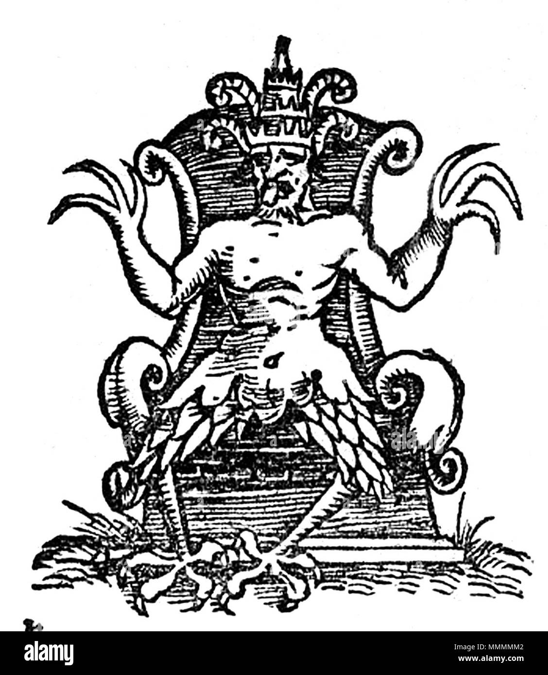 . Inglese: Dio Deumo (Demus o Deumus) di Calicut da 'Cosmographia" (1544) da Sebastian Münster. Deumo è anche descritto da Ludovico Verthema nel 1503. I marinai è venuto prima di affrontare con l'idolo di Deumo a Calicut sulla Costa di Malabar e hanno concluso che il dio di Calicut. Viene descritto che il righello di Calicut (Zamorin) ha una immagine di Deumo nel suo tempio. Sebastian Münster (1488-1552) era un tedesco cartografo, cosmografo e studioso ebreo la cui Cosmographia (1544; "cosmografia") è stata la prima descrizione in tedesco del mondo e un importante lavoro nel rilancio del geographic tho Foto Stock