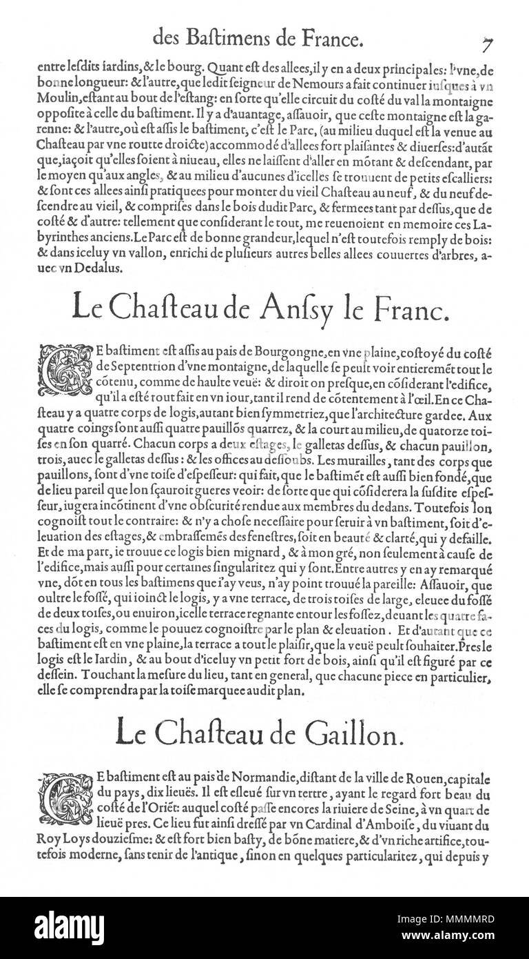. Inglese: pagina di testo da Le premier volume des plus eccellenti Bastiments de France da Jacques I Androuet du Cerceau . 21 maggio 2014, 09:36:27. Jacques mi Androuet du Cerceau (1510-1585) nomi alternativi Jacques Androuet; Jacques Androuet du Cerceau l'Ancien; Jacques Androuet Du Cerceau; Jacques Androuet DuCerceau; Jacques Androuet Ducerceau Descrizione architetto francese, rame incisore e disegnatore padre di Baptiste Androuet du Cerceau padre di Jacques II Androuet du Cerceau Data di nascita e morte 1510 o 1512 Gennaio 1584 Luogo di nascita e morte Parigi Annecy controllo di autorità Foto Stock . Inglese: pagina di testo da Le premier volume des plus eccellenti Bastiments de France da Jacques I Androuet du Cerceau . 21 maggio 2014, 09:36:27. Jacques mi Androuet du Cerceau (1510-1585) nomi alternativi Jacques Androuet; Jacques Androuet du Cerceau l'Ancien; Jacques Androuet Du Cerceau; Jacques Androuet DuCerceau; Jacques Androuet Ducerceau Descrizione architetto francese, rame incisore e disegnatore padre di Baptiste Androuet du Cerceau padre di Jacques II Androuet du Cerceau Data di nascita e morte 1510 o 1512 Gennaio 1584 Luogo di nascita e morte Parigi Annecy controllo di autorità Foto Stock