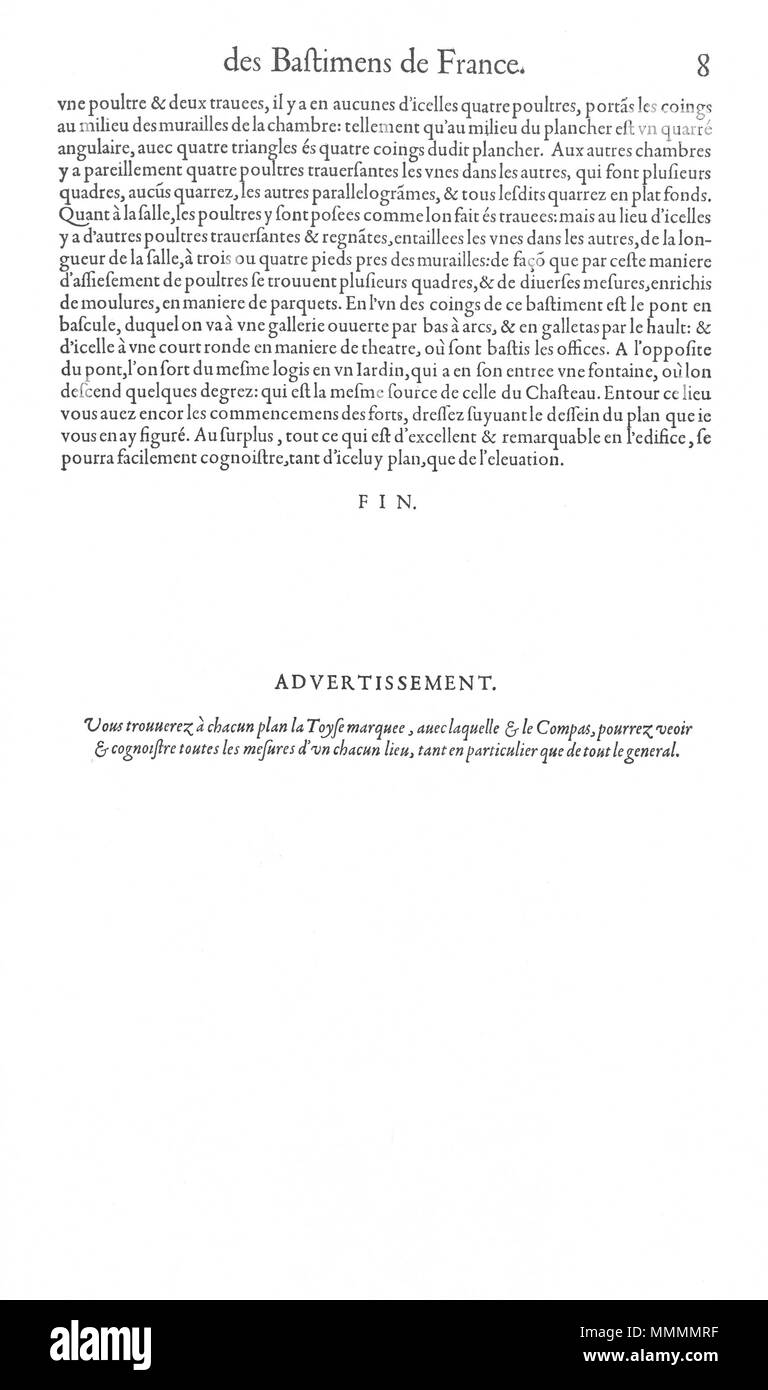 . Inglese: pagina di testo da Le premier volume des plus eccellenti Bastiments de France da Jacques I Androuet du Cerceau . 21 maggio 2014, 09:37:46. Jacques mi Androuet du Cerceau (1510-1585) nomi alternativi Jacques Androuet; Jacques Androuet du Cerceau l'Ancien; Jacques Androuet Du Cerceau; Jacques Androuet DuCerceau; Jacques Androuet Ducerceau Descrizione architetto francese, rame incisore e disegnatore padre di Baptiste Androuet du Cerceau padre di Jacques II Androuet du Cerceau Data di nascita e morte 1510 o 1512 Gennaio 1584 Luogo di nascita e morte Parigi Annecy controllo di autorità Foto Stock