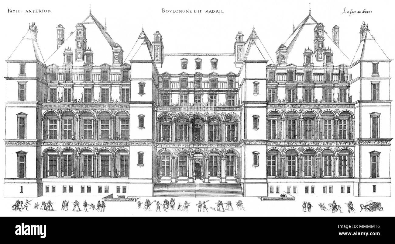 . Inglese: incisione da Le premier volume des plus eccellenti Bastiments de France da Jacques I Androuet du Cerceau: elevazione della facciata anteriore del Château de Madrid . 1576. Jacques mi Androuet du Cerceau (1510-1585) nomi alternativi Jacques Androuet; Jacques Androuet du Cerceau l'Ancien; Jacques Androuet Du Cerceau; Jacques Androuet DuCerceau; Jacques Androuet Ducerceau Descrizione architetto francese, rame incisore e disegnatore padre di Baptiste Androuet du Cerceau padre di Jacques II Androuet du Cerceau Data di nascita e morte 1510 o 1512 Gennaio 1584 Luogo di nascita/d Foto Stock . Inglese: incisione da Le premier volume des plus eccellenti Bastiments de France da Jacques I Androuet du Cerceau: elevazione della facciata anteriore del Château de Madrid . 1576. Jacques mi Androuet du Cerceau (1510-1585) nomi alternativi Jacques Androuet; Jacques Androuet du Cerceau l'Ancien; Jacques Androuet Du Cerceau; Jacques Androuet DuCerceau; Jacques Androuet Ducerceau Descrizione architetto francese, rame incisore e disegnatore padre di Baptiste Androuet du Cerceau padre di Jacques II Androuet du Cerceau Data di nascita e morte 1510 o 1512 Gennaio 1584 Luogo di nascita/d Foto Stock