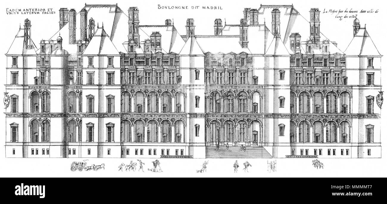 . Inglese: incisione da Le premier volume des plus eccellenti Bastiments de France da Jacques I Androuet du Cerceau: elevazione della facciata posteriore del Château de Madrid . 1576. Jacques mi Androuet du Cerceau (1510-1585) nomi alternativi Jacques Androuet; Jacques Androuet du Cerceau l'Ancien; Jacques Androuet Du Cerceau; Jacques Androuet DuCerceau; Jacques Androuet Ducerceau Descrizione architetto francese, rame incisore e disegnatore padre di Baptiste Androuet du Cerceau padre di Jacques II Androuet du Cerceau Data di nascita e morte 1510 o 1512 Gennaio 1584 Luogo di nascita/de Foto Stock . Inglese: incisione da Le premier volume des plus eccellenti Bastiments de France da Jacques I Androuet du Cerceau: elevazione della facciata posteriore del Château de Madrid . 1576. Jacques mi Androuet du Cerceau (1510-1585) nomi alternativi Jacques Androuet; Jacques Androuet du Cerceau l'Ancien; Jacques Androuet Du Cerceau; Jacques Androuet DuCerceau; Jacques Androuet Ducerceau Descrizione architetto francese, rame incisore e disegnatore padre di Baptiste Androuet du Cerceau padre di Jacques II Androuet du Cerceau Data di nascita e morte 1510 o 1512 Gennaio 1584 Luogo di nascita/de Foto Stock