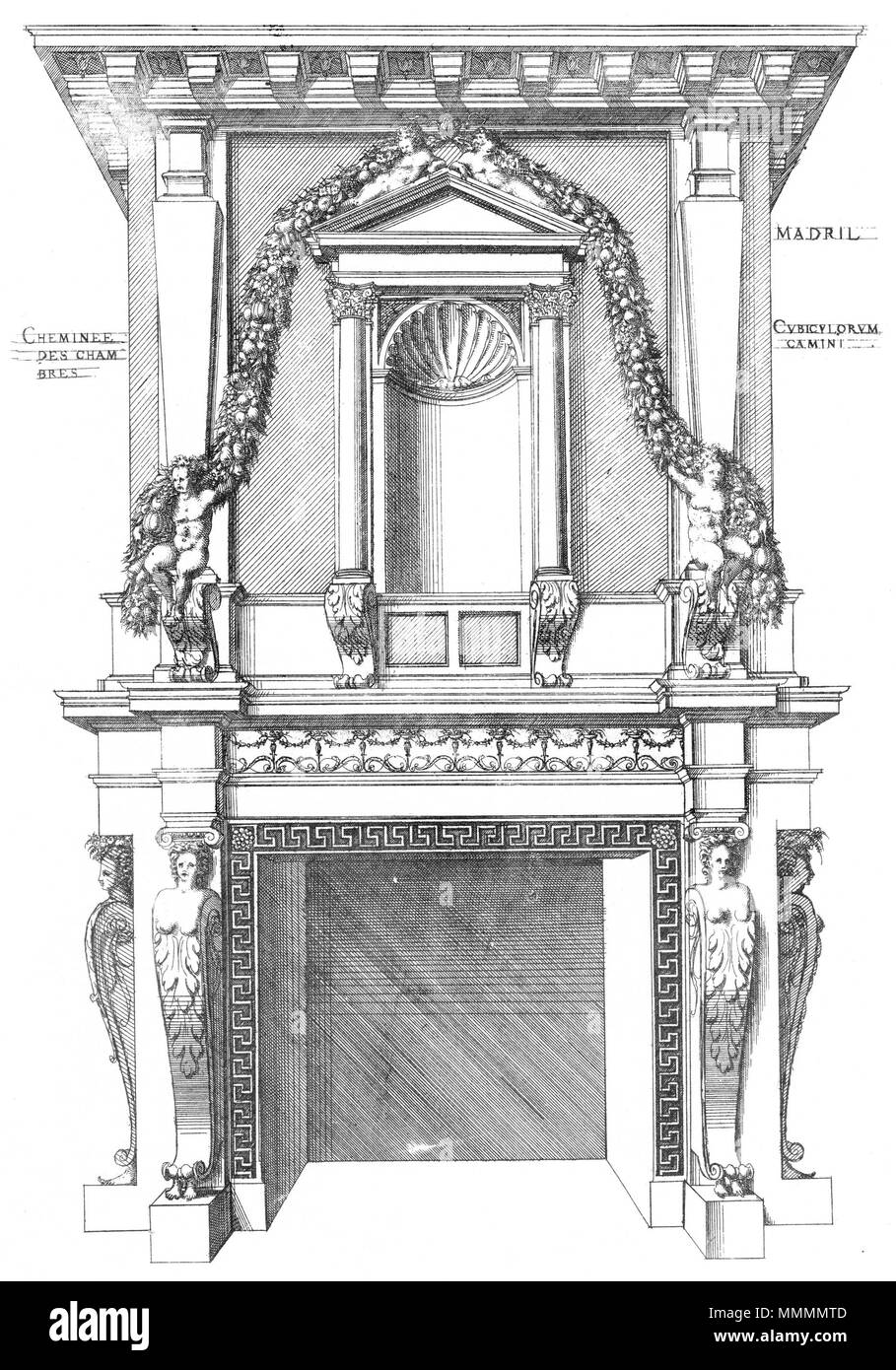 . Inglese: incisione da Le premier volume des plus eccellenti Bastiments de France da Jacques I Androuet du Cerceau: caminetto design per una camera allo Château de Madrid . 1576. Jacques mi Androuet du Cerceau (1510-1585) nomi alternativi Jacques Androuet; Jacques Androuet du Cerceau l'Ancien; Jacques Androuet Du Cerceau; Jacques Androuet DuCerceau; Jacques Androuet Ducerceau Descrizione architetto francese, rame incisore e disegnatore padre di Baptiste Androuet du Cerceau padre di Jacques II Androuet du Cerceau Data di nascita e morte 1510 o 1512 Gennaio 1584 Luogo di nascita/ Foto Stock . Inglese: incisione da Le premier volume des plus eccellenti Bastiments de France da Jacques I Androuet du Cerceau: caminetto design per una camera allo Château de Madrid . 1576. Jacques mi Androuet du Cerceau (1510-1585) nomi alternativi Jacques Androuet; Jacques Androuet du Cerceau l'Ancien; Jacques Androuet Du Cerceau; Jacques Androuet DuCerceau; Jacques Androuet Ducerceau Descrizione architetto francese, rame incisore e disegnatore padre di Baptiste Androuet du Cerceau padre di Jacques II Androuet du Cerceau Data di nascita e morte 1510 o 1512 Gennaio 1584 Luogo di nascita/ Foto Stock