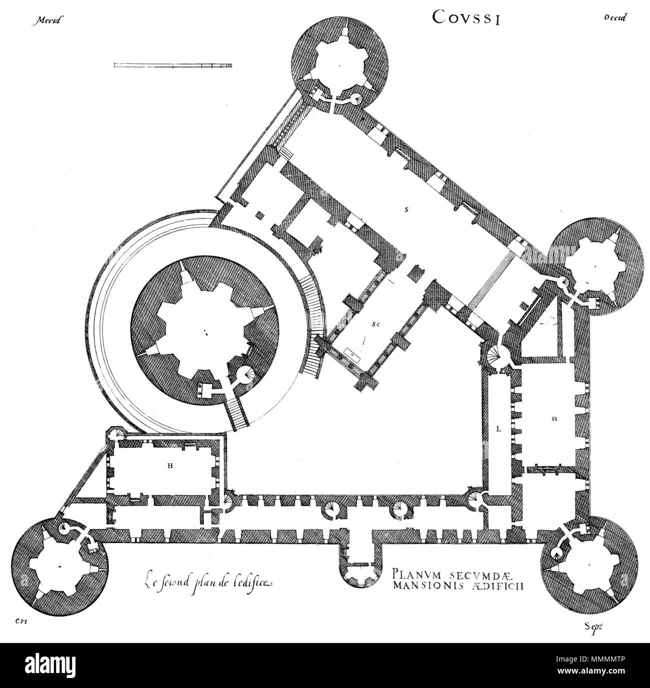 . Inglese: incisione da Le premier volume des plus eccellenti Bastiments de France da Jacques I Androuet du Cerceau: piano di Château de Coucy . 1576. Jacques mi Androuet du Cerceau (1510-1585) nomi alternativi Jacques Androuet; Jacques Androuet du Cerceau l'Ancien; Jacques Androuet Du Cerceau; Jacques Androuet DuCerceau; Jacques Androuet Ducerceau Descrizione architetto francese, rame incisore e disegnatore padre di Baptiste Androuet du Cerceau padre di Jacques II Androuet du Cerceau Data di nascita e morte 1510 o 1512 Gennaio 1584 Luogo di nascita e morte Parigi Annecy compet Foto Stock