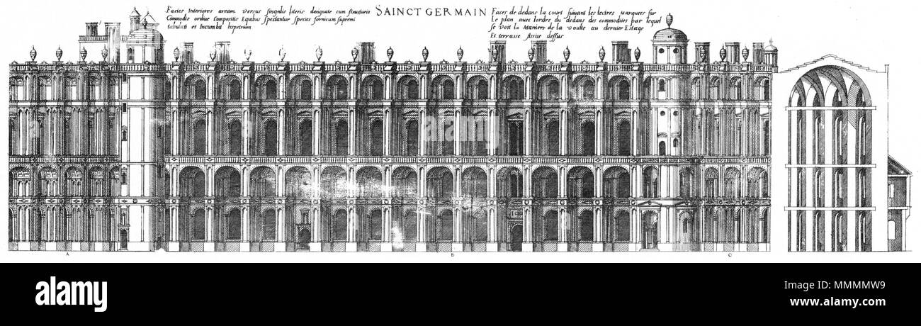 . Inglese: incisione da Le premier volume des plus eccellenti Bastiments de France da Jacques I Androuet du Cerceau: Corte di facciate A, B e C (vedi pianta) del Château Vieux de Saint-Germain-en-Laye . 1576. Jacques mi Androuet du Cerceau (1510-1585) nomi alternativi Jacques Androuet; Jacques Androuet du Cerceau l'Ancien; Jacques Androuet Du Cerceau; Jacques Androuet DuCerceau; Jacques Androuet Ducerceau Descrizione architetto francese, rame incisore e disegnatore padre di Baptiste Androuet du Cerceau padre di Jacques II Androuet du Cerceau Data di nascita e morte 1510 o 1512 Janua Foto Stock . Inglese: incisione da Le premier volume des plus eccellenti Bastiments de France da Jacques I Androuet du Cerceau: Corte di facciate A, B e C (vedi pianta) del Château Vieux de Saint-Germain-en-Laye . 1576. Jacques mi Androuet du Cerceau (1510-1585) nomi alternativi Jacques Androuet; Jacques Androuet du Cerceau l'Ancien; Jacques Androuet Du Cerceau; Jacques Androuet DuCerceau; Jacques Androuet Ducerceau Descrizione architetto francese, rame incisore e disegnatore padre di Baptiste Androuet du Cerceau padre di Jacques II Androuet du Cerceau Data di nascita e morte 1510 o 1512 Janua Foto Stock