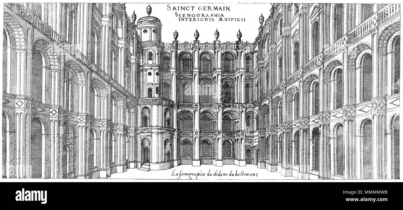 . Inglese: incisione da Le premier volume des plus eccellenti Bastiments de France da Jacques I Androuet du Cerceau: vista prospettica della corte del Château Vieux de Saint-Germain-en-Laye . 1576. Jacques mi Androuet du Cerceau (1510-1585) nomi alternativi Jacques Androuet; Jacques Androuet du Cerceau l'Ancien; Jacques Androuet Du Cerceau; Jacques Androuet DuCerceau; Jacques Androuet Ducerceau Descrizione architetto francese, rame incisore e disegnatore padre di Baptiste Androuet du Cerceau padre di Jacques II Androuet du Cerceau Data di nascita e morte 1510 o 1512 Gennaio 1584 Foto Stock