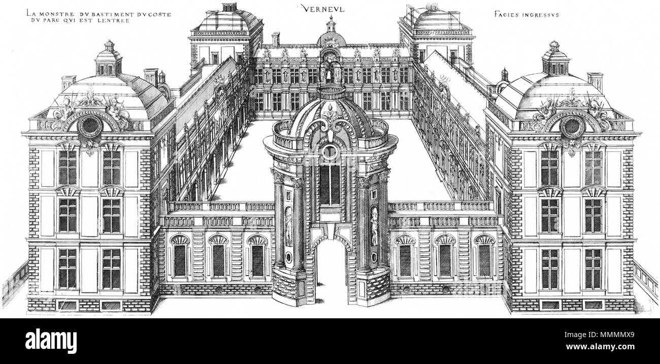 . Inglese: incisione da Le premier volume des plus eccellenti Bastiments de France da Jacques I Androuet du Cerceau: Château de Verneuil-sur-Oise. Vista panoramica del l'ingresso anteriore, secondo design . 1576. Jacques mi Androuet du Cerceau (1510-1585) nomi alternativi Jacques Androuet; Jacques Androuet du Cerceau l'Ancien; Jacques Androuet Du Cerceau; Jacques Androuet DuCerceau; Jacques Androuet Ducerceau Descrizione architetto francese, rame incisore e disegnatore padre di Baptiste Androuet du Cerceau padre di Jacques II Androuet du Cerceau Data di nascita e morte 1510 o 1512 Janua Foto Stock . Inglese: incisione da Le premier volume des plus eccellenti Bastiments de France da Jacques I Androuet du Cerceau: Château de Verneuil-sur-Oise. Vista panoramica del l'ingresso anteriore, secondo design . 1576. Jacques mi Androuet du Cerceau (1510-1585) nomi alternativi Jacques Androuet; Jacques Androuet du Cerceau l'Ancien; Jacques Androuet Du Cerceau; Jacques Androuet DuCerceau; Jacques Androuet Ducerceau Descrizione architetto francese, rame incisore e disegnatore padre di Baptiste Androuet du Cerceau padre di Jacques II Androuet du Cerceau Data di nascita e morte 1510 o 1512 Janua Foto Stock