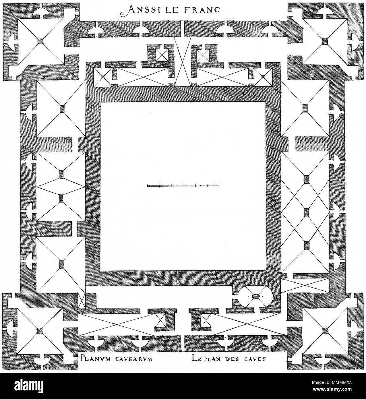 . Inglese: incisione da Le premier volume des plus eccellenti Bastiments de France da Jacques I Androuet du Cerceau: Château d'Ancy-le-Franc. Pianta della cantina . 1576. Jacques mi Androuet du Cerceau (1510-1585) nomi alternativi Jacques Androuet; Jacques Androuet du Cerceau l'Ancien; Jacques Androuet Du Cerceau; Jacques Androuet DuCerceau; Jacques Androuet Ducerceau Descrizione architetto francese, rame incisore e disegnatore padre di Baptiste Androuet du Cerceau padre di Jacques II Androuet du Cerceau Data di nascita e morte 1510 o 1512 Gennaio 1584 Luogo di nascita e morte Parigi Foto Stock