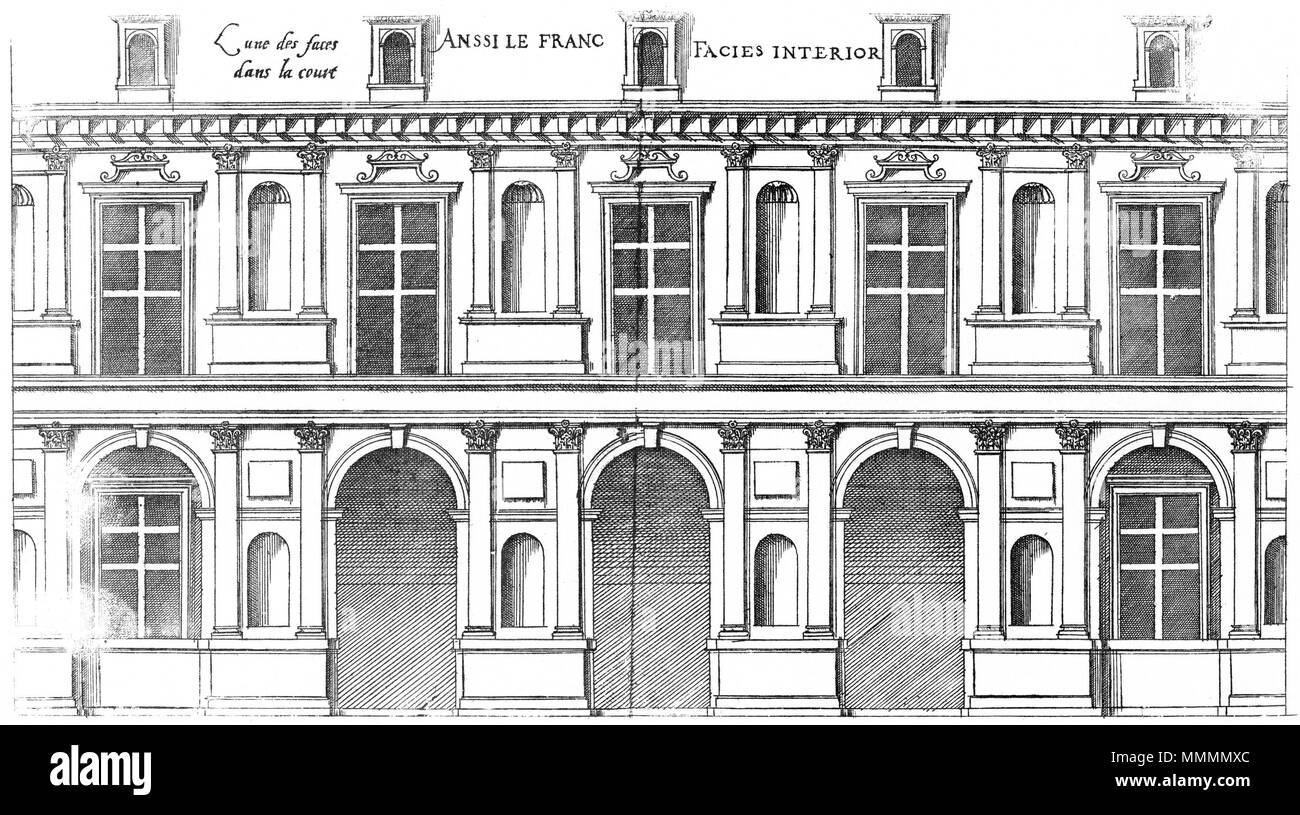 . Inglese: incisione da Le premier volume des plus eccellenti Bastiments de France da Jacques I Androuet du Cerceau: Elevazione della corte facciata del Château d'Ancy-le-Franc. . 1576. Jacques mi Androuet du Cerceau (1510-1585) nomi alternativi Jacques Androuet; Jacques Androuet du Cerceau l'Ancien; Jacques Androuet Du Cerceau; Jacques Androuet DuCerceau; Jacques Androuet Ducerceau Descrizione architetto francese, rame incisore e disegnatore padre di Baptiste Androuet du Cerceau padre di Jacques II Androuet du Cerceau Data di nascita e morte 1510 o 1512 Gennaio 1584 posizione Foto Stock . Inglese: incisione da Le premier volume des plus eccellenti Bastiments de France da Jacques I Androuet du Cerceau: Elevazione della corte facciata del Château d'Ancy-le-Franc. . 1576. Jacques mi Androuet du Cerceau (1510-1585) nomi alternativi Jacques Androuet; Jacques Androuet du Cerceau l'Ancien; Jacques Androuet Du Cerceau; Jacques Androuet DuCerceau; Jacques Androuet Ducerceau Descrizione architetto francese, rame incisore e disegnatore padre di Baptiste Androuet du Cerceau padre di Jacques II Androuet du Cerceau Data di nascita e morte 1510 o 1512 Gennaio 1584 posizione Foto Stock