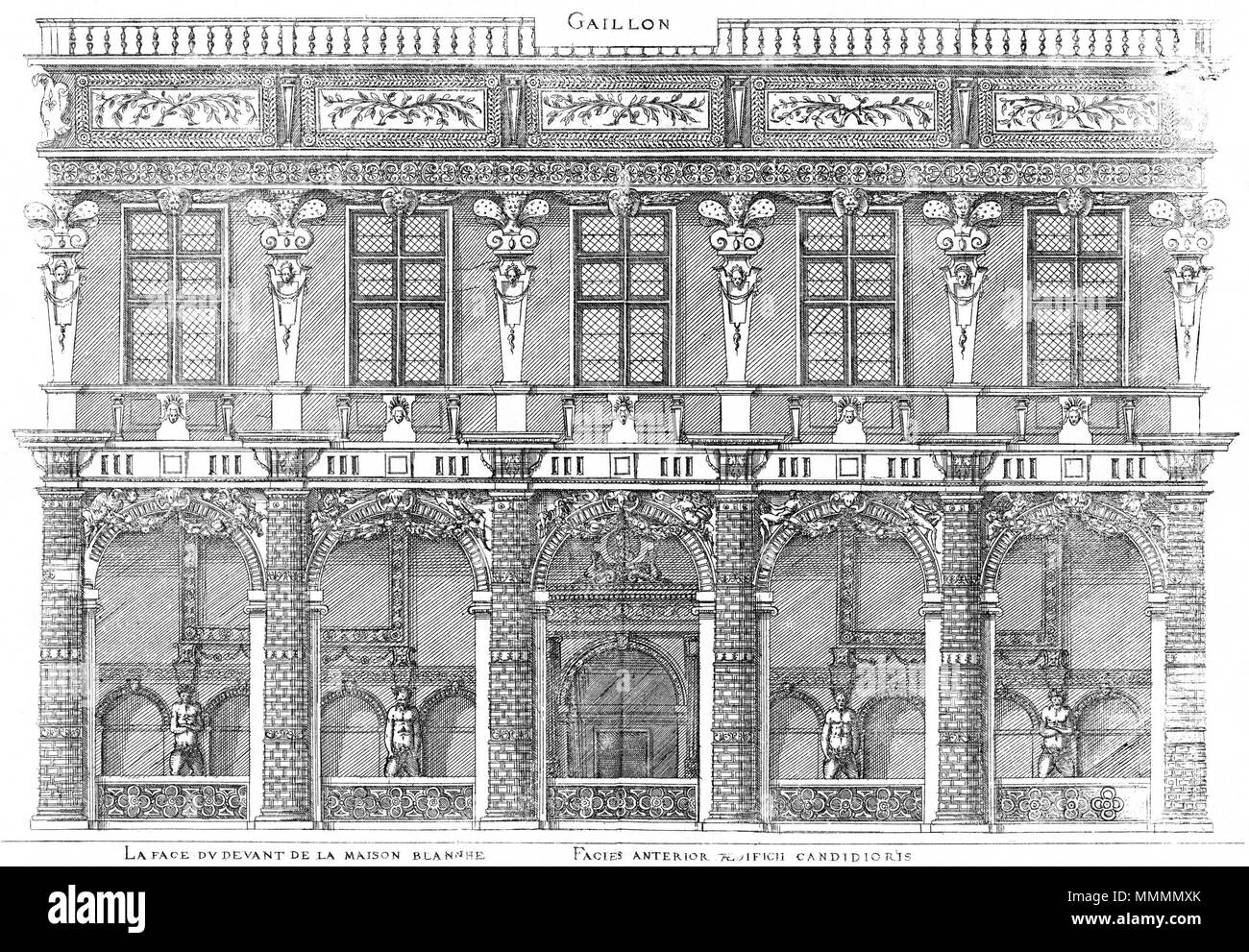 . Inglese: incisione da Le premier volume des plus eccellenti Bastiments de France da Jacques I Androuet du Cerceau. La elevazione della facciata anteriore della Maison Blanche presso il Château de Gaillon . 1576. Jacques mi Androuet du Cerceau (1510-1585) nomi alternativi Jacques Androuet; Jacques Androuet du Cerceau l'Ancien; Jacques Androuet Du Cerceau; Jacques Androuet DuCerceau; Jacques Androuet Ducerceau Descrizione architetto francese, rame incisore e disegnatore padre di Baptiste Androuet du Cerceau padre di Jacques II Androuet du Cerceau Data di nascita e morte 1510 o 1512 gennaio 15 Foto Stock