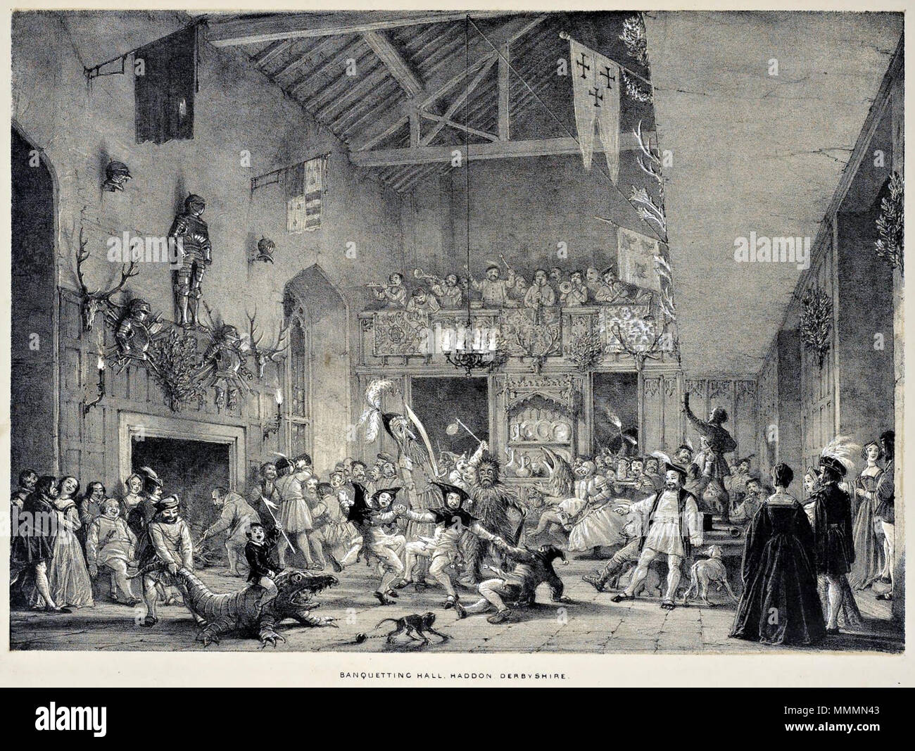 . Inglese: Natale si compiace a Haddon Hall nel Derbyshire, come illustrato nel volume I (1839) di palazzi di Inghilterra nel tempo anticato, da Joseph Nash. Mummers giocare mentre i musicisti si esibiscono in balcone. Haddon Hall era famoso per Christmastide ospitalità e feste durante il periodo di dodici giorni. A volte gruppi di mummers fosse in grado di eseguire giochi di moralità. Qui, oltre a Morris ballerini sono visto un drago, un gigante, un uomo selvatico, un cavaliere montato, e altri. . 1839. Joseph Nash Natale-compiace-haddon-hall-JOSEPH-nash-mansions-1839 Foto Stock