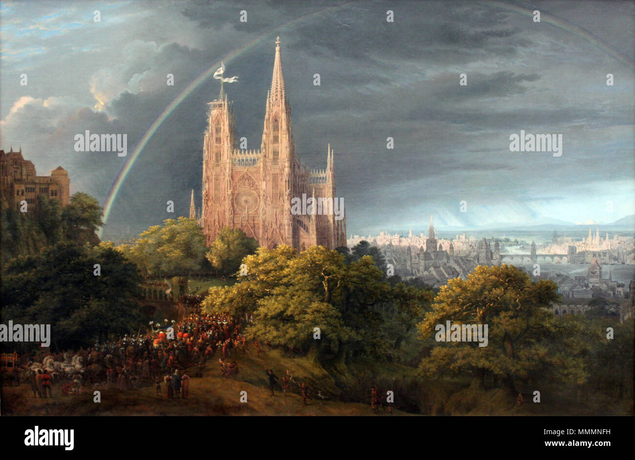 Inglese: Città medievale sulle rive di un fiume Deutsch: Mittelalterliche Stadt un einem Fluss ???????: ????????????? ????? ?? ???? . 1815. 1815 Schinkel Mittelalterliche Stadt un einem Fluss anagoria Foto Stock