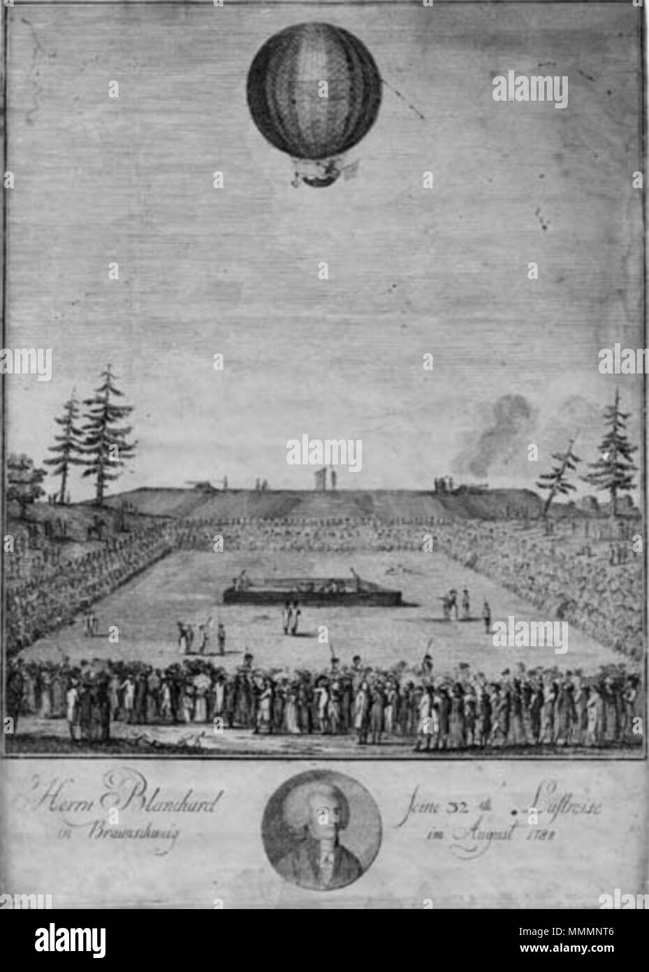 . Inglese: Jean-Pierre Blanchard in Braunschweig, Germania, 10 agosto 1788. Palloncino. Deutsch: Jean-Pierre Blanchard in Braunschweig, 10 agosto 1788. Ballon. Beschriftung: "Herrn Blanchard seine 32te Luftreise di Braunschweig im Agosto 1788"; Anmerkung zur Örtlichkeit: Heute befinden sich auf diesem Gelände der Braunschweiger Nordstadt Gebäude der Technischen Universität Braunschweig. . Circa 1788. Blanchard in Braunschweig 1788 Foto Stock